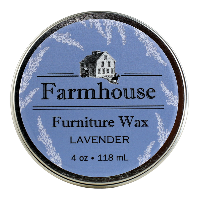 Round tin of farmhouse furniture wax with lavender scent, featuring a blue label with vintage farmhouse illustration, suitable for Home & Decor and Household Cleaning collections.
