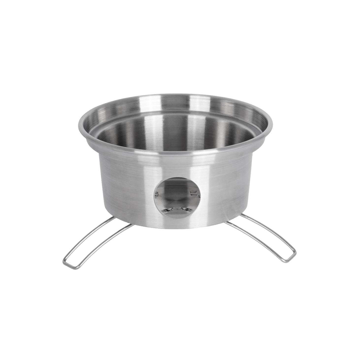 Handcrafted stainless steel stove base with vented opening and foldable wire legs, designed for efficient outdoor boiling; ideal for camping, emergency supplies, and farm tool collections.