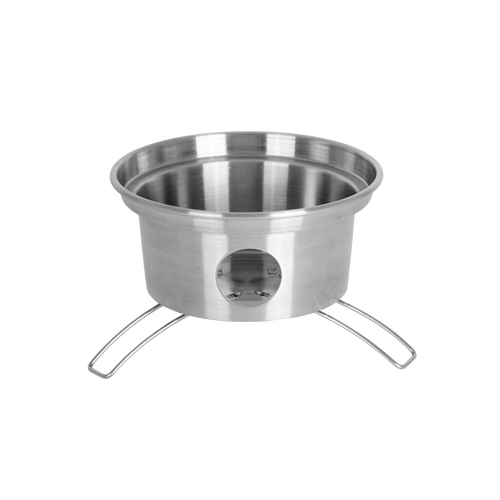 Handcrafted stainless steel stove base with vented opening and foldable wire legs, designed for efficient outdoor boiling; ideal for camping, emergency supplies, and farm tool collections.
