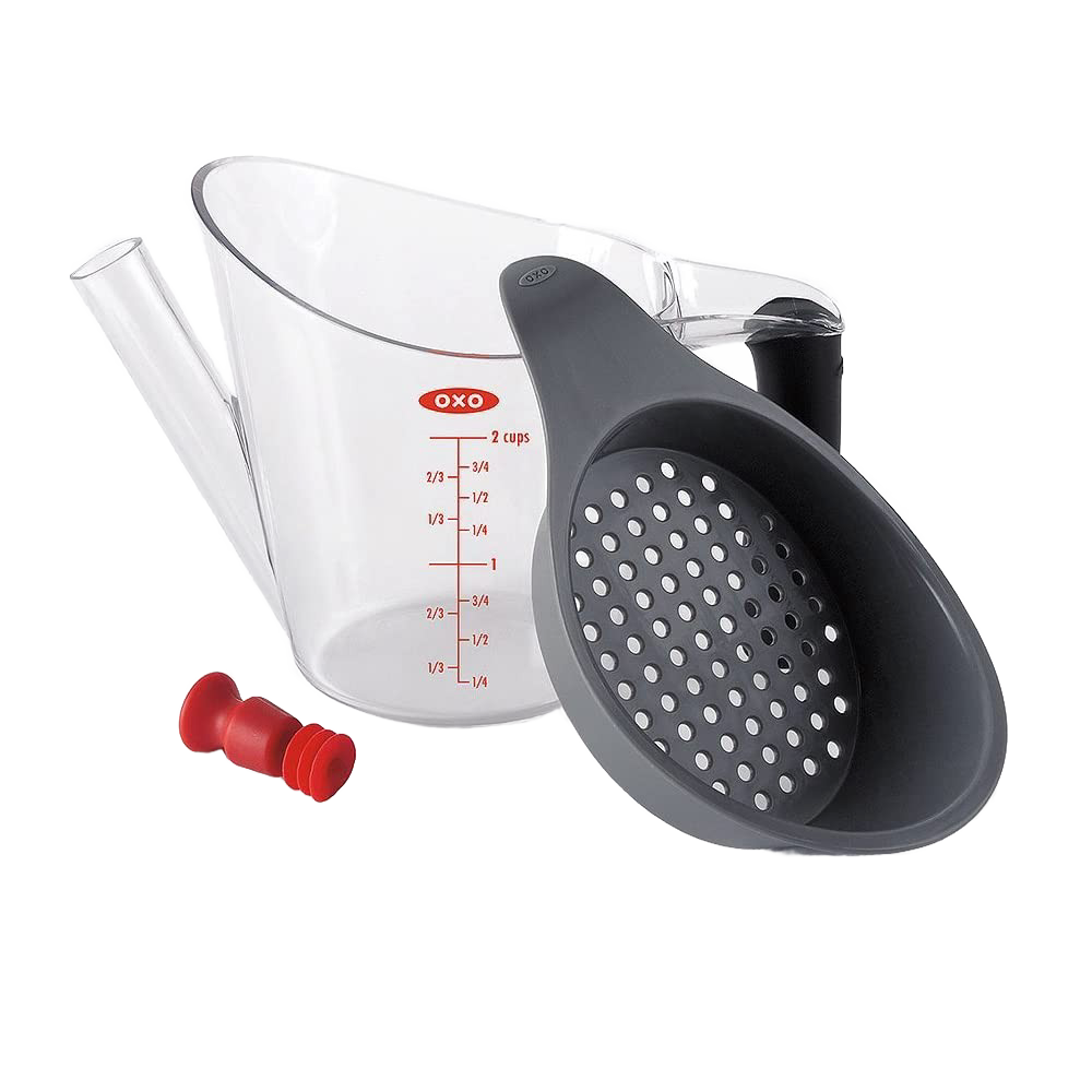 Clear plastic fat separator with gray soft-grip handle and built-in strainer, featuring red stopper and measurement markings, perfect for Kitchen & Food, Cooking Helpers, and Best Sellers collections.