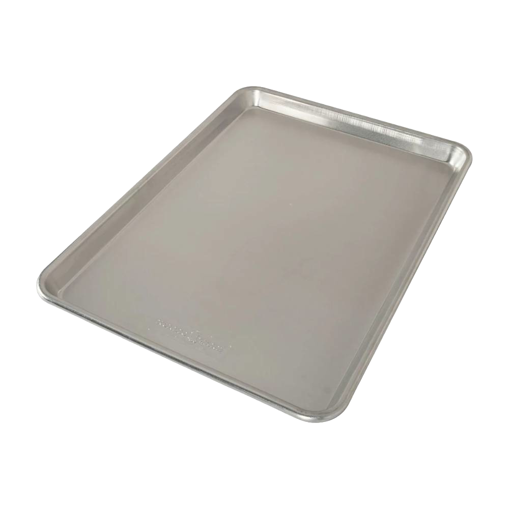 Lightweight aluminum half sheet baking pan with raised edges and smooth finish, designed for even heat distribution, featured in Kitchen & Food, Cookware, and Baking Supplies collections.