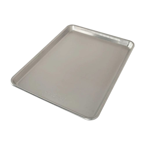 Lightweight aluminum half sheet baking pan with raised edges and smooth finish, designed for even heat distribution, featured in Kitchen & Food, Cookware, and Baking Supplies collections.