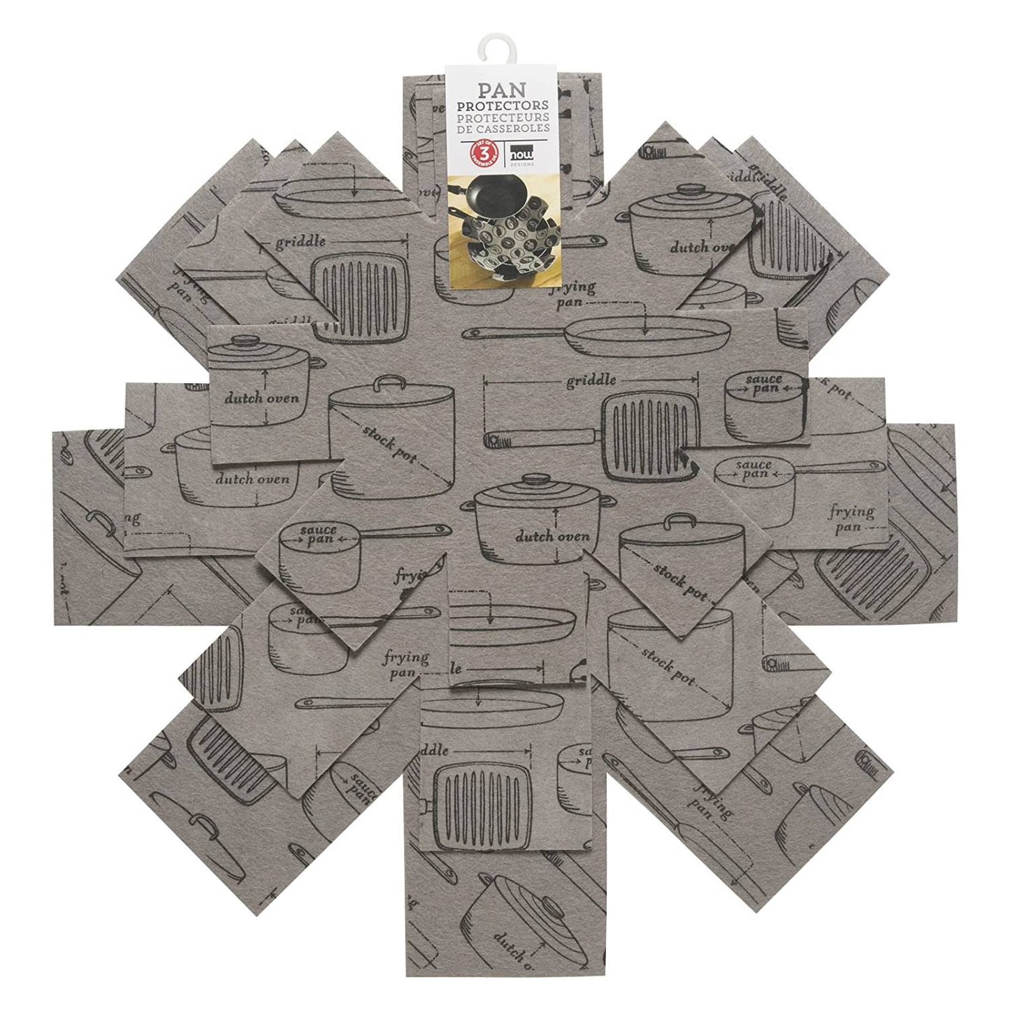 Set of three flexible felt pan protectors in varying sizes with printed cookware illustrations, designed to cushion pots and pans for safe stacking in kitchen and cookware collections.
