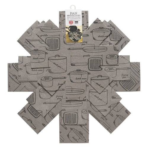 Set of three flexible felt pan protectors in varying sizes with printed cookware illustrations, designed to cushion pots and pans for safe stacking in kitchen and cookware collections.