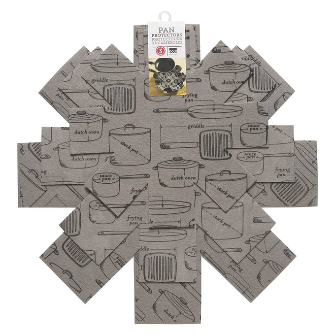 Set of three flexible felt pan protectors in varying sizes with printed cookware illustrations, designed to cushion pots and pans for safe stacking in kitchen and cookware collections.