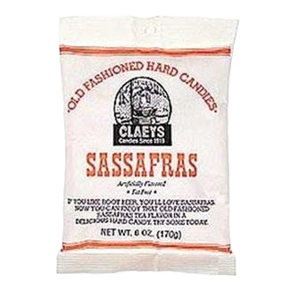 White bag of handcrafted sassafras-flavored old-fashioned hard candies, fat free and made in USA, ideal for Kitchen & Food, Food, Snacks and Sweets, USA Made, Best Sellers, and Promo Eligible collections.