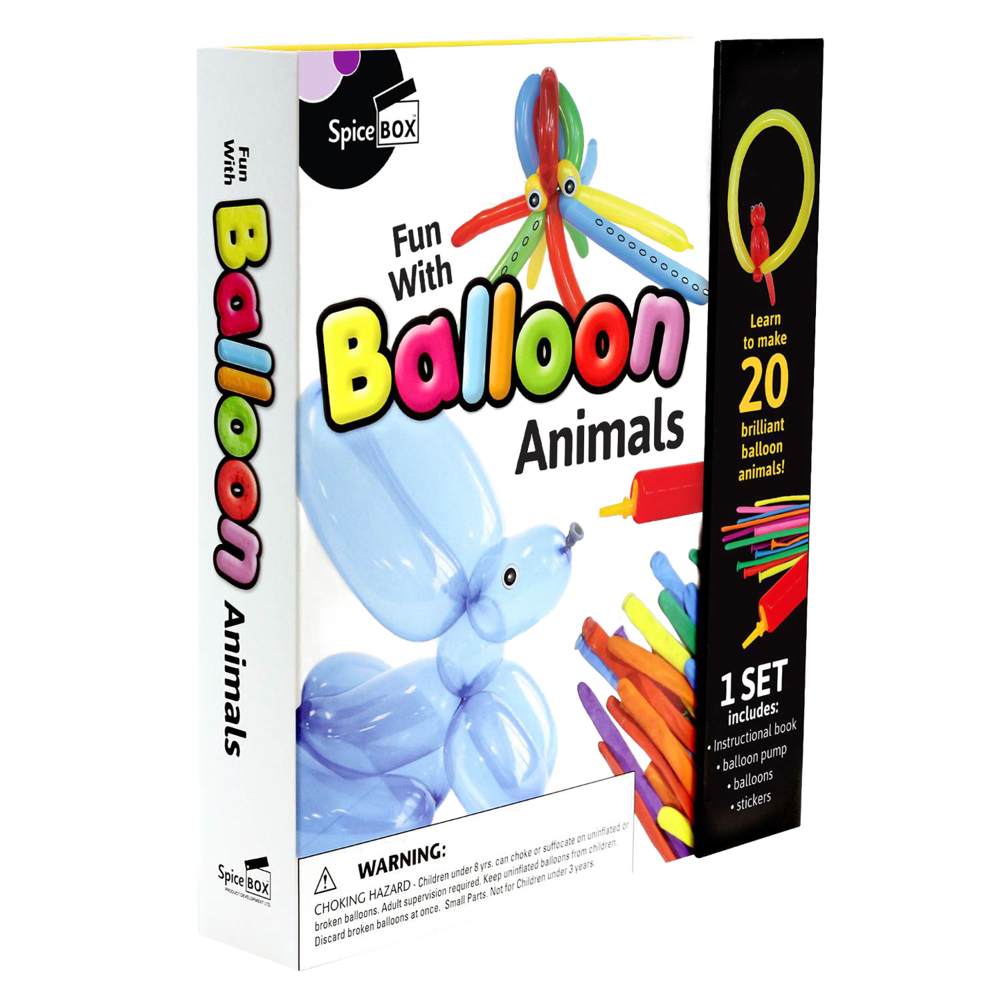 Box for a balloon animal kit featuring a colorful design with images of a blue balloon dog, an octopus made from balloons, and bundled rainbow-colored balloons, including instructions on making 20 different animals, designed for children’s toys, arts and crafts, and games collections.