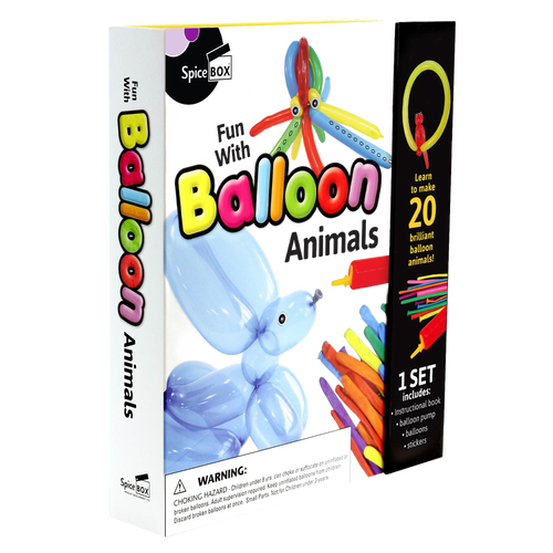 Box for a balloon animal kit featuring a colorful design with images of a blue balloon dog, an octopus made from balloons, and bundled rainbow-colored balloons, including instructions on making 20 different animals, designed for children’s toys, arts and crafts, and games collections.