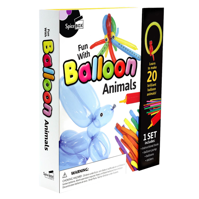 Box for a balloon animal kit featuring a colorful design with images of a blue balloon dog, an octopus made from balloons, and bundled rainbow-colored balloons, including instructions on making 20 different animals, designed for children’s toys, arts and crafts, and games collections.