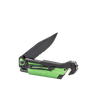 Handcrafted modern pocket knife with sharp black blade, bright green handle, built-in seatbelt cutter, and glass breaker, ideal for camping, emergency supplies, and farm tools.