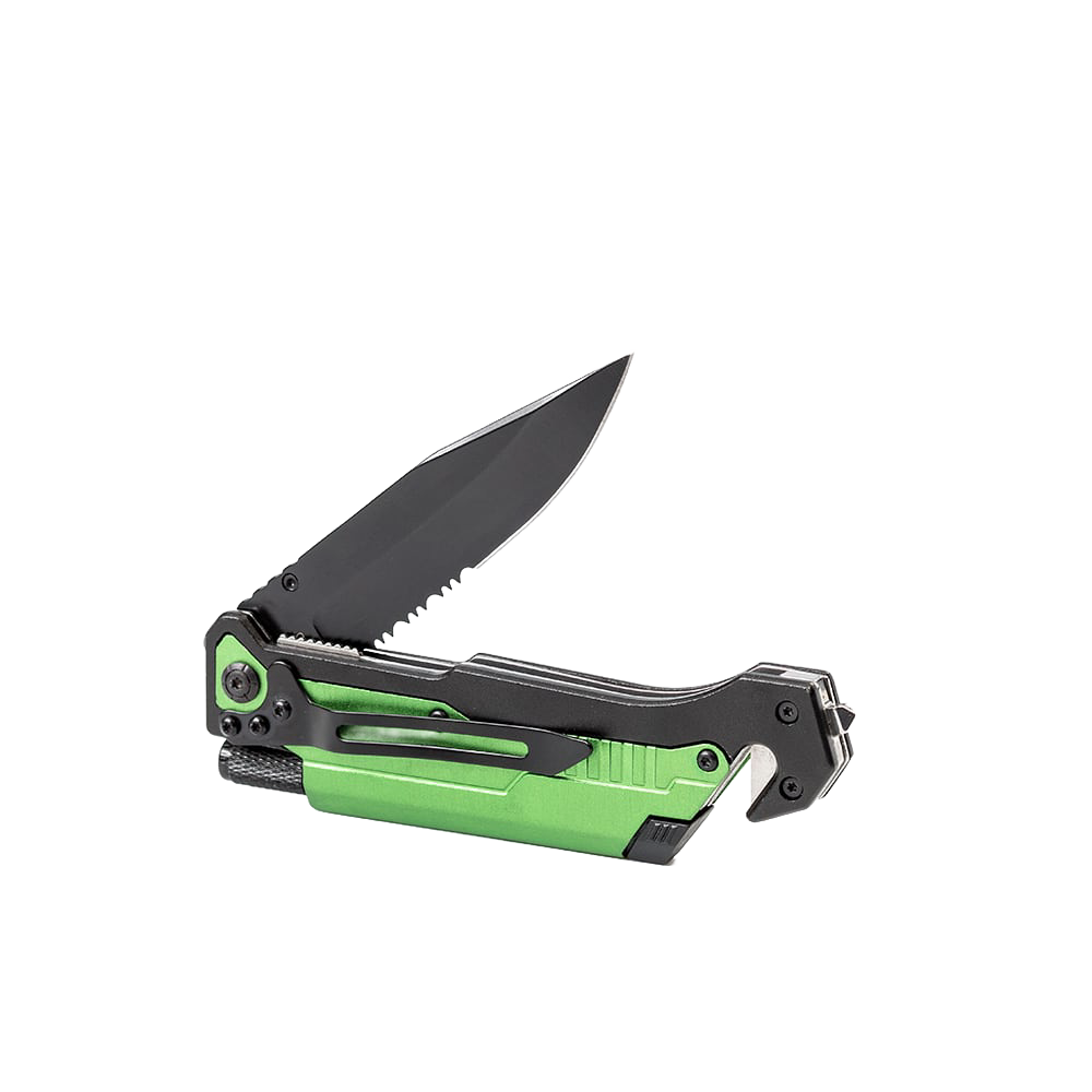 Handcrafted modern pocket knife with sharp black blade, bright green handle, built-in seatbelt cutter, and glass breaker, ideal for camping, emergency supplies, and farm tools.