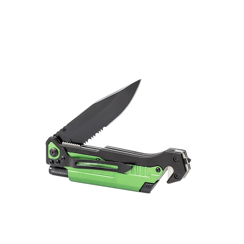 Handcrafted modern pocket knife with sharp black blade, bright green handle, built-in seatbelt cutter, and glass breaker, ideal for camping, emergency supplies, and farm tools.