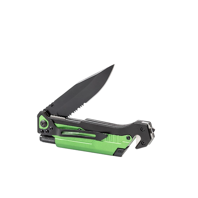 Handcrafted modern pocket knife with sharp black blade, bright green handle, built-in seatbelt cutter, and glass breaker, ideal for camping, emergency supplies, and farm tools.