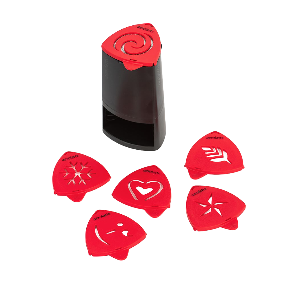 Black and red coffee stencil set with six interchangeable pattern designs and a holder for decorating cappuccinos, featured in Kitchen & Food, Brewing Coffee and Tea, and Kitchen Gadgets collections.