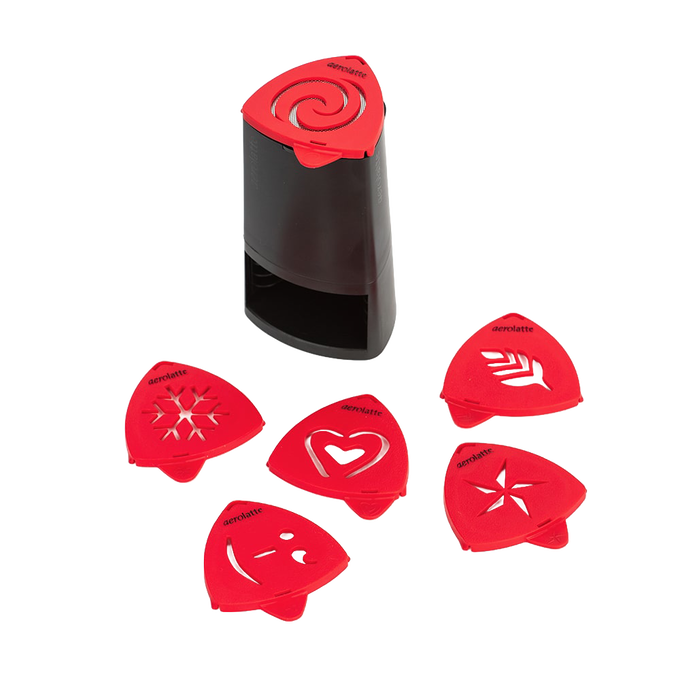 Black and red coffee stencil set with six interchangeable pattern designs and a holder for decorating cappuccinos, featured in Kitchen & Food, Brewing Coffee and Tea, and Kitchen Gadgets collections.
