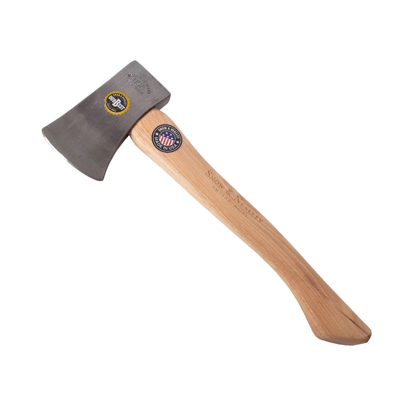 Lightweight handcrafted belt axe with hand-tempered steel head and smooth 15" hickory handle, Amish made in USA, ideal for camping, farm, garden, and wood cutting tasks.