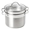 Brushed stainless steel multi-cooker with glass lid, perforated insert, and steamer basket, dishwasher safe and ideal for Kitchen & Food, Cookware, Pots and Pans, and Best Sellers collections.