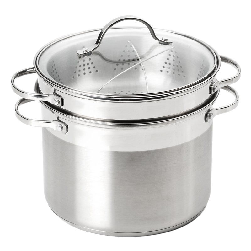 Brushed stainless steel multi-cooker with glass lid, perforated insert, and steamer basket, dishwasher safe and ideal for Kitchen & Food, Cookware, Pots and Pans, and Best Sellers collections.