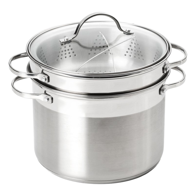 Brushed stainless steel multi-cooker with glass lid, perforated insert, and steamer basket, dishwasher safe and ideal for Kitchen & Food, Cookware, Pots and Pans, and Best Sellers collections.