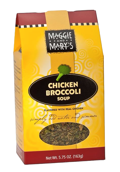 Yellow and red package of handcrafted chicken broccoli soup mix made in USA, showing dry ingredients through a clear window, ideal for Kitchen & Food, Dry Goods and Mixes, Soups, Best Sellers, and Promo Eligible collections.