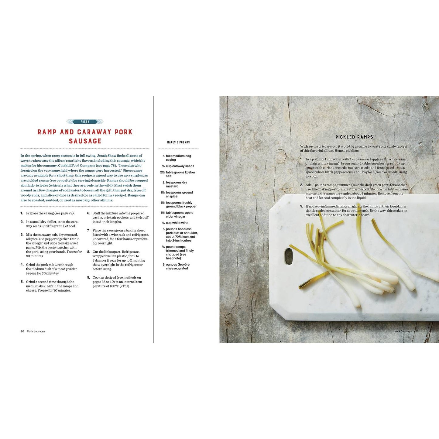 Open cookbook spread featuring a recipe for ramp and caraway pork sausage on white pages paired with a rustic image of fresh pickled ramps on a white cutting board, included in best sellers and home and garden how-to books collections.