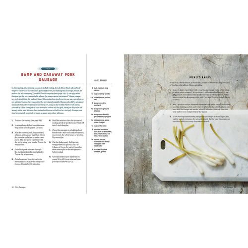 Open cookbook spread featuring a recipe for ramp and caraway pork sausage on white pages paired with a rustic image of fresh pickled ramps on a white cutting board, included in best sellers and home and garden how-to books collections.