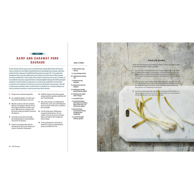 Open cookbook spread featuring a recipe for ramp and caraway pork sausage on white pages paired with a rustic image of fresh pickled ramps on a white cutting board, included in best sellers and home and garden how-to books collections.