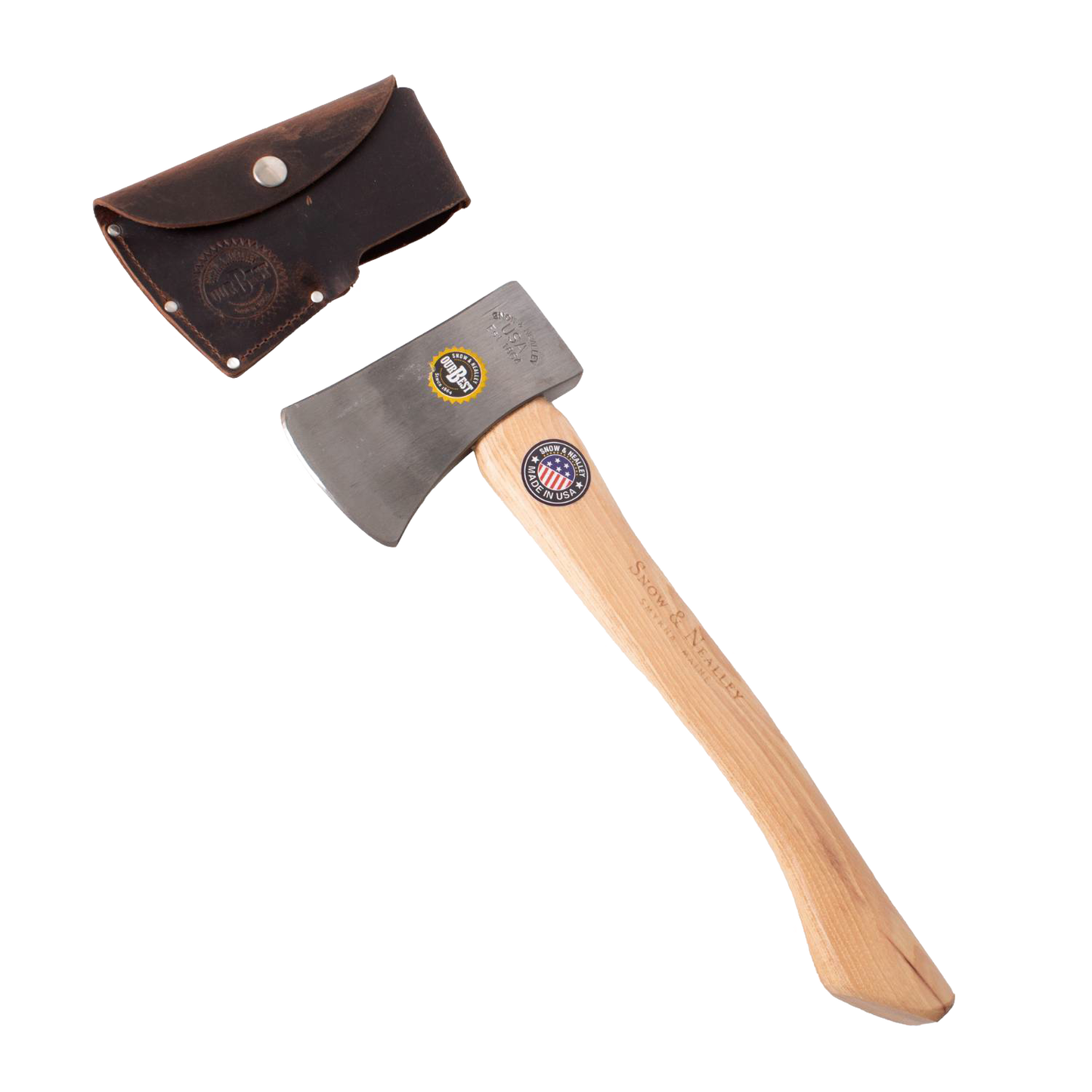 Handcrafted lightweight camping axe with hand-tempered steel head and smooth 15" hickory handle, featuring a protective brown leather sheath, perfect for Farm, Garden & Tool and camping use.