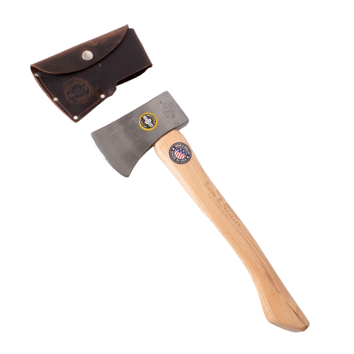 Handcrafted lightweight camping axe with hand-tempered steel head and smooth 15" hickory handle, featuring a protective brown leather sheath, perfect for Farm, Garden & Tool and camping use.