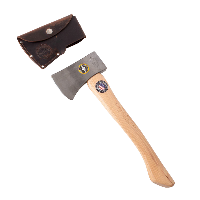 Handcrafted lightweight camping axe with hand-tempered steel head and smooth 15" hickory handle, featuring a protective brown leather sheath, perfect for Farm, Garden & Tool and camping use.