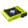 Compact lime green portable butane stove with cast aluminum burner and piezo ignition, suitable for camping, emergency supplies, and outdoor farm and garden use.