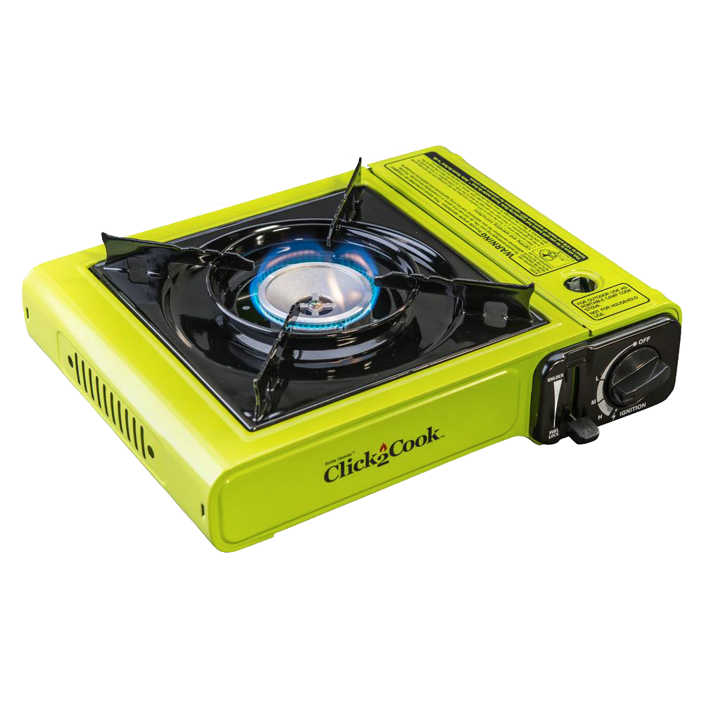 Compact lime green portable butane stove with cast aluminum burner and piezo ignition, suitable for camping, emergency supplies, and outdoor farm and garden use.