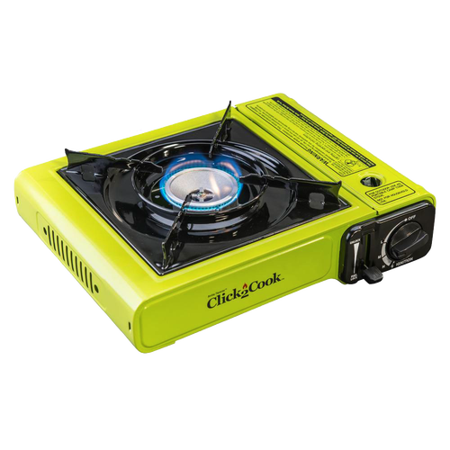 Compact lime green portable butane stove with cast aluminum burner and piezo ignition, suitable for camping, emergency supplies, and outdoor farm and garden use.