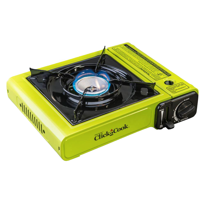 Compact lime green portable butane stove with cast aluminum burner and piezo ignition, suitable for camping, emergency supplies, and outdoor farm and garden use.
