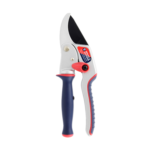 Ratchet anvil pruning shears with ergonomic blue and red twist handle, designed for cutting thicker woody stems with reduced hand strain, suitable for Farm, Garden & Tool and Lawncare collections.