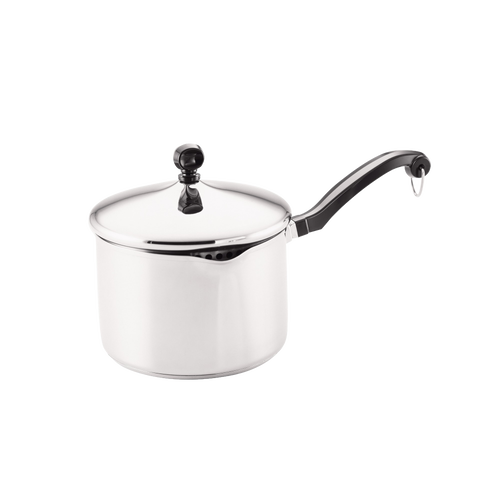 Classic stainless steel straining saucepan with a sleek black handle and matching lid knob, designed for efficient cooking in Kitchen & Food, Cookware, and Best Sellers collections.