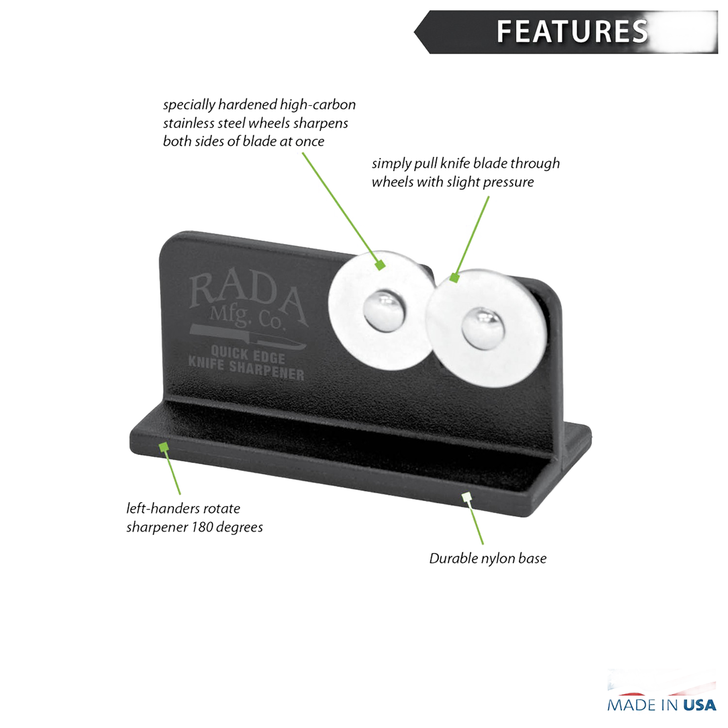 Compact knife sharpener with dual stainless steel sharpening wheels and reinforced nylon base featuring non-slip finish, made in USA, ideal for kitchen and sharpening tasks.