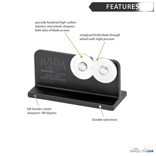 Compact knife sharpener with dual stainless steel sharpening wheels and reinforced nylon base featuring non-slip finish, made in USA, ideal for kitchen and sharpening tasks.