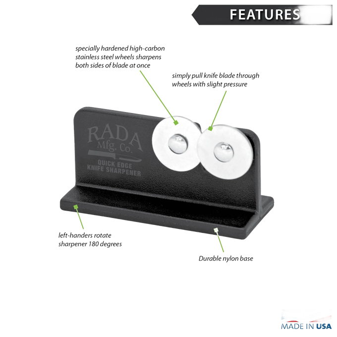 Compact knife sharpener with dual stainless steel sharpening wheels and reinforced nylon base featuring non-slip finish, made in USA, ideal for kitchen and sharpening tasks.