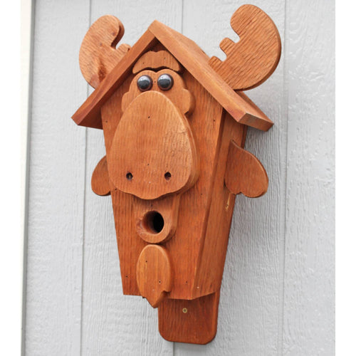 Handcrafted moose-shaped birdhouse made from durable yellow pine with a soy-based wood finish, perfect for garden and animal care, Amish made and USA crafted.