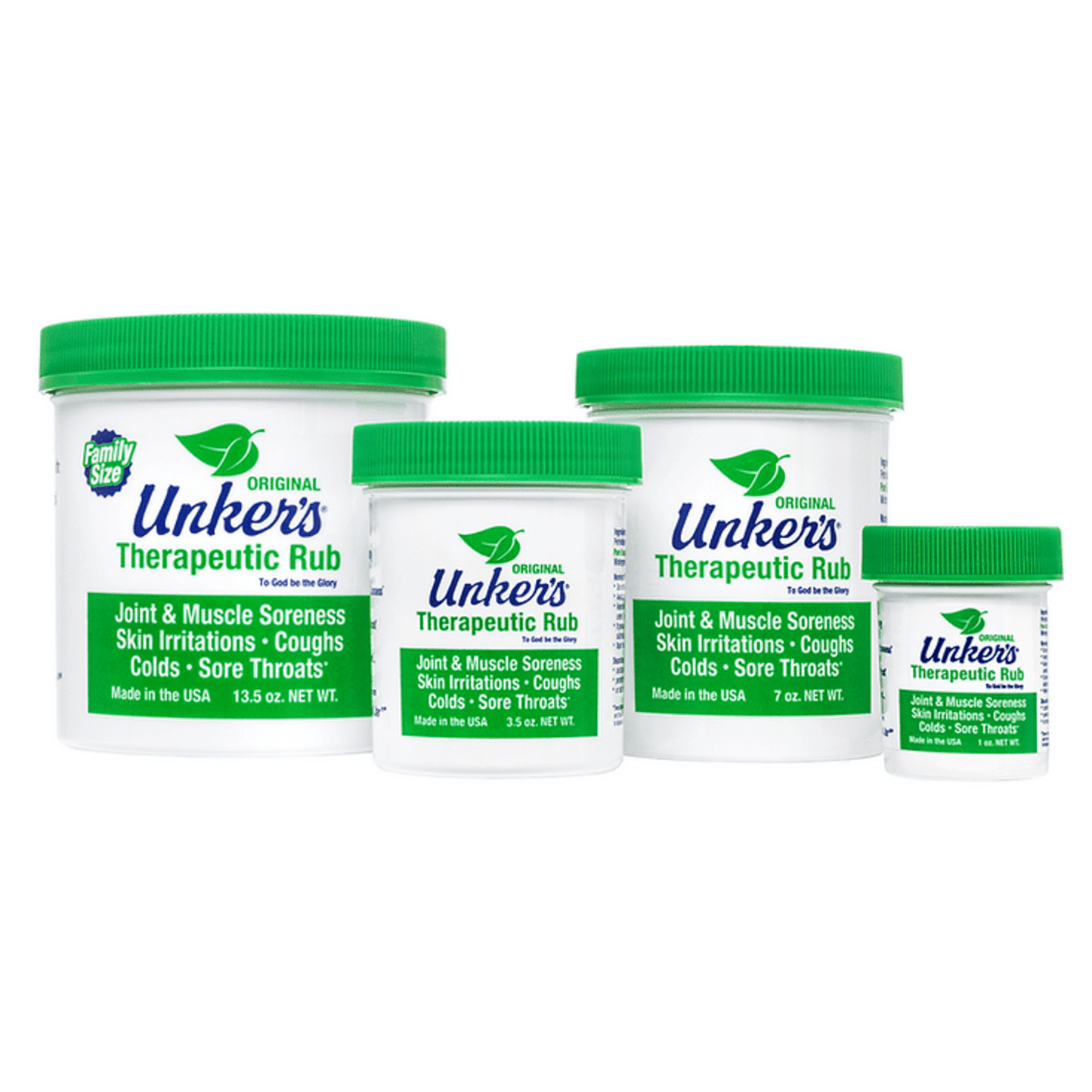 Four white containers with green lids of handcrafted therapeutic rub relieving joint and muscle soreness, skin irritations, coughs, colds, and sore throats, made in USA, featured in Health & Wellness, Health Remedies, USA Made, Best Sellers, and Promo Eligible collections.