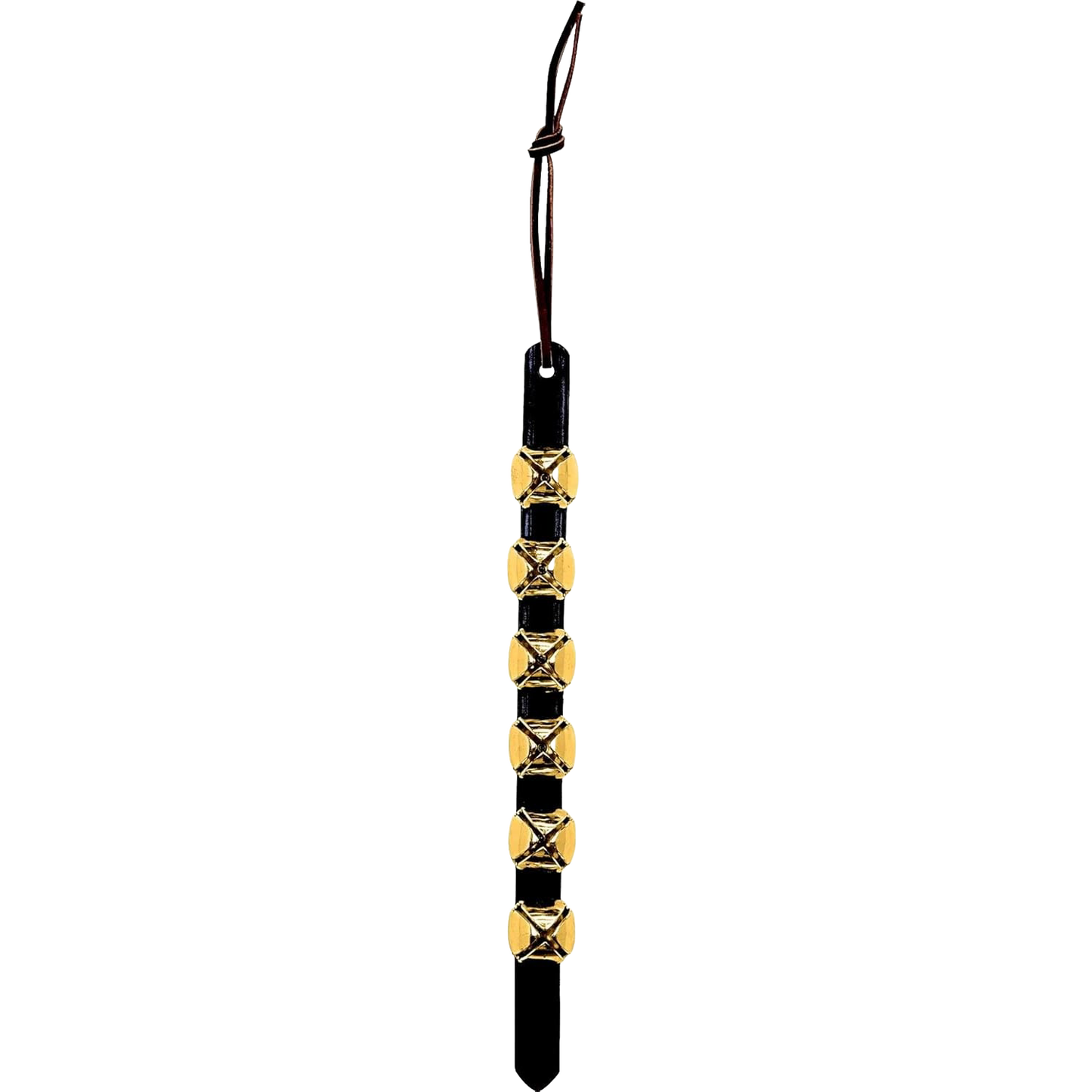 Handcrafted sleigh bell hanger with six brass bells mounted on a black leather strap with a leather tie, perfect for holiday decor, made in USA, and featured in best sellers.