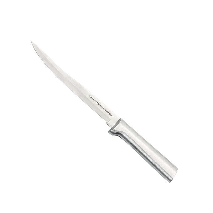 Handcrafted carving and boning knife featuring a high carbon surgical-quality steel blade and a solid satin-finished recycled aluminum handle, made in USA, ideal for Farm, Garden & Tool and Kitchen & Food collections.