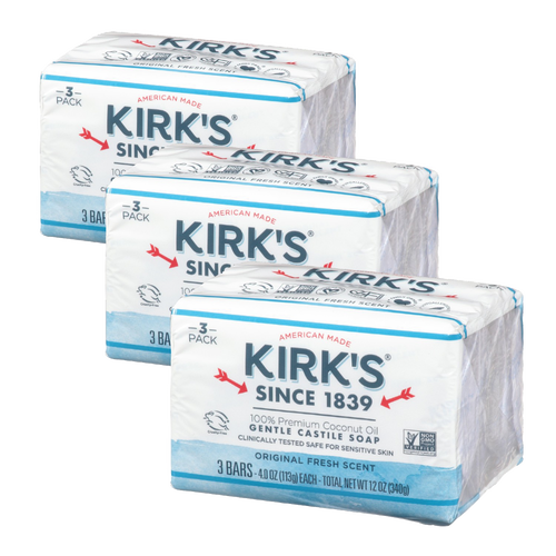 Three-pack bundles of Kirk's Original Castile Bar Soap made in USA, featuring gentle formula with premium coconut oil, ideal for Health & Wellness, Grooming, Soaps, and Personal Hygiene collections.