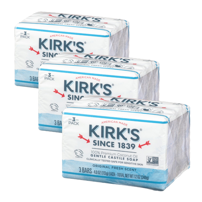 Three-pack bundles of Kirk's Original Castile Bar Soap made in USA, featuring gentle formula with premium coconut oil, ideal for Health & Wellness, Grooming, Soaps, and Personal Hygiene collections.