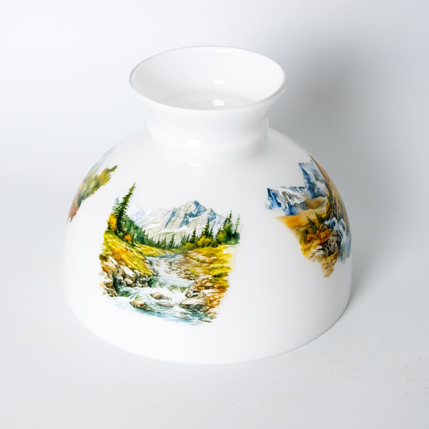 Handcrafted white glass lamp shade featuring detailed scenic illustrations of a mountain stream and natural landscapes, ideal for lamps & lighting, parts and accessories, and best sellers collections.