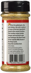 Clear plastic seasoning jar filled with mustard and vinegar-based Carolina style BBQ rub for pulled pork, ribs, chicken, fish, and shrimp, featuring black flip-top lid, suitable for Kitchen & Food, Pantry, Grilling, and Best Sellers collections.