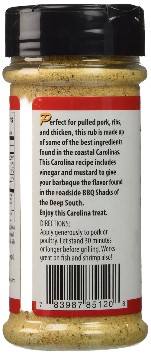 Clear plastic seasoning jar filled with mustard and vinegar-based Carolina style BBQ rub for pulled pork, ribs, chicken, fish, and shrimp, featuring black flip-top lid, suitable for Kitchen & Food, Pantry, Grilling, and Best Sellers collections.