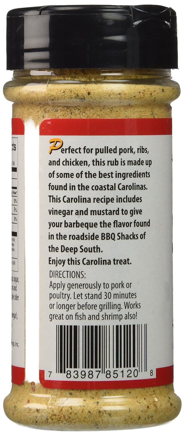 Clear plastic seasoning jar filled with mustard and vinegar-based Carolina style BBQ rub for pulled pork, ribs, chicken, fish, and shrimp, featuring black flip-top lid, suitable for Kitchen & Food, Pantry, Grilling, and Best Sellers collections.