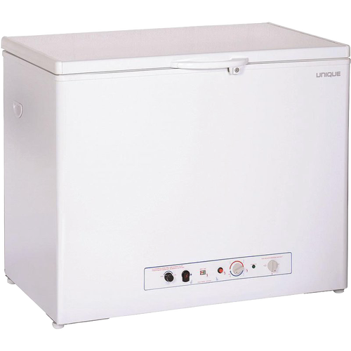 White large capacity freezer with dual power options, control panel on front, and compact design, ideal for appliances and refrigerator collections in best sellers section.